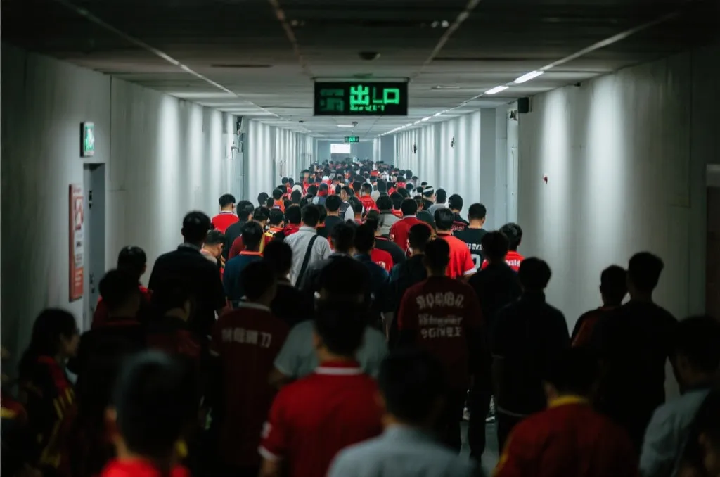 球迷在宽阔通道内有序疏散的场景